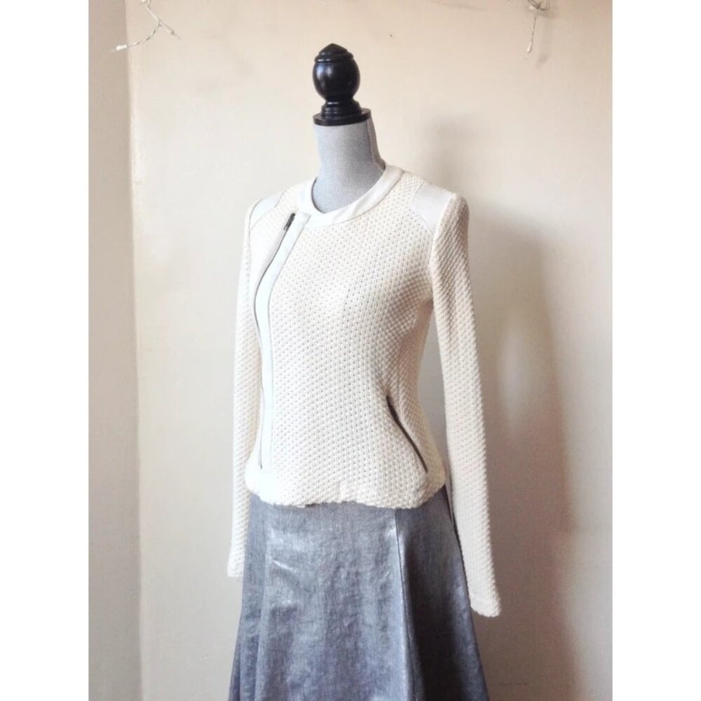 Vintage Barneys NY Cream Leather Trim Cotton Knit Asymmetric Motorcycle Jacket S